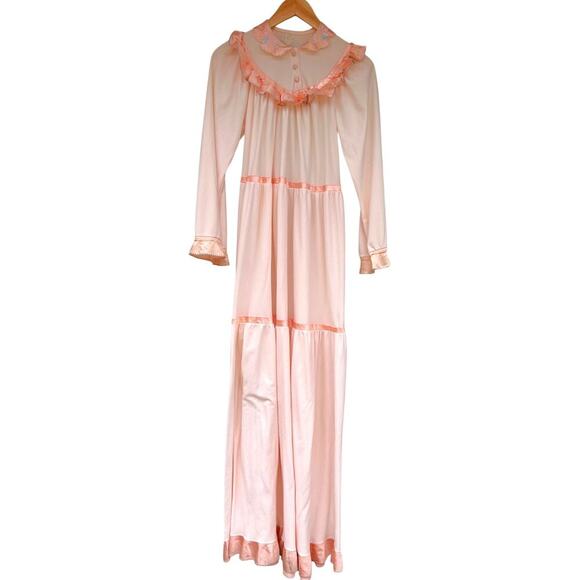Vintage Other - Vintage Nightgown Ruffle Floral Embroidered Pink Maxi Pajamas Size Small 70's